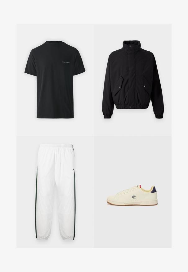 Černá péřová bunda s vysokým límcem, patentkami, elastickými manžetami a dvěma předními kapsami. Má jemné logo na hrudi.; Černé bavlněné tričko s klasickým kulatým výstřihem, krátkými rukávy a dvěma malými bílými logy "SAMSØE" na levé straně hrudi.; Bílé tepláky s tmavě zelenými postranními panely. Lehký materiál, elastický pas a stahované lemy. Obsahují síťovanou texturu na postranních panelech.; Sněrky Lacoste z krémové kůže s texturovaným povrchem. Mají gumovou podrážku, šněrování vpředu, námořnický podpatěk a vyšitý znak.