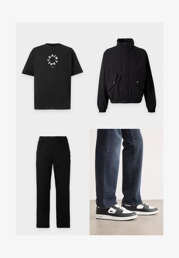 Μαύρο, επενδεδυμένο μπουφάν με ψηλό γιακά, κουμπιά με ασφάλιση, ελαστικούς καρπούς και δύο μπροστινές τσέπες. Διαθέτει μια διακριτική λογότυπο στο στήθος.; Μαύρο βαμβακερό μπλουζάκι με κοντά μανίκια. Έχει λευκό κείμενο σε κυκλική διάταξη, που αναφέρει "SAINT LAURENT ΛΟΝΔΙΝΟ."; Μαύρο παντελόνι από ύφασμα με βαμβακερό μίγμα, με ίσια γραμμή, ελαστική μέση με κουμπί και χωρίς ορατά σχέδια ή διακοσμητικά.; Μαύρα και άσπρα αθλητικά Lacoste με υφή δέρματος στην πάνω πλευρά, με σχέδιο που δένει με κορδόνια και άσπρη καουτσούκ σόλα. Φορεμένα με σκούρα τζιν.