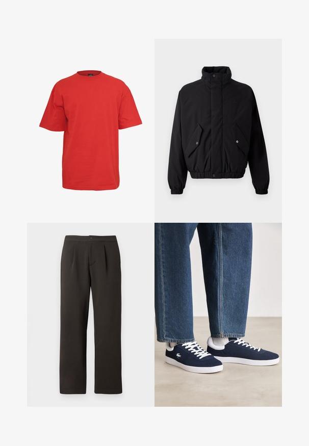 Czarna, pikowana kurtka z wysokim kołnierzem, zatrzaskami, elastycznymi mankietami i dwiema przednimi kieszeniami. Posiada subtelne logo na piersi.; Czerwona bawełniana koszulka z krótkim rękawem, okrągłym dekoltem i luźnym krojem. Ma jednolity kolor, bez wzorów czy dodatków.; Ciemnobrązowe spodnie prostego kroju z płaskim przodem, dwiema zaszewkami i zapięciem na guzik. Wykonane z gładkiego materiału o delikatnej teksturze.; Niebieskie płócienne sneakersy z białymi sznurowadłami i gumowymi podeszwami, wyeksponowane z dżinsowymi spodniami i szarymi skarpetkami prążkowanymi, na jasnoszarym podłożu.