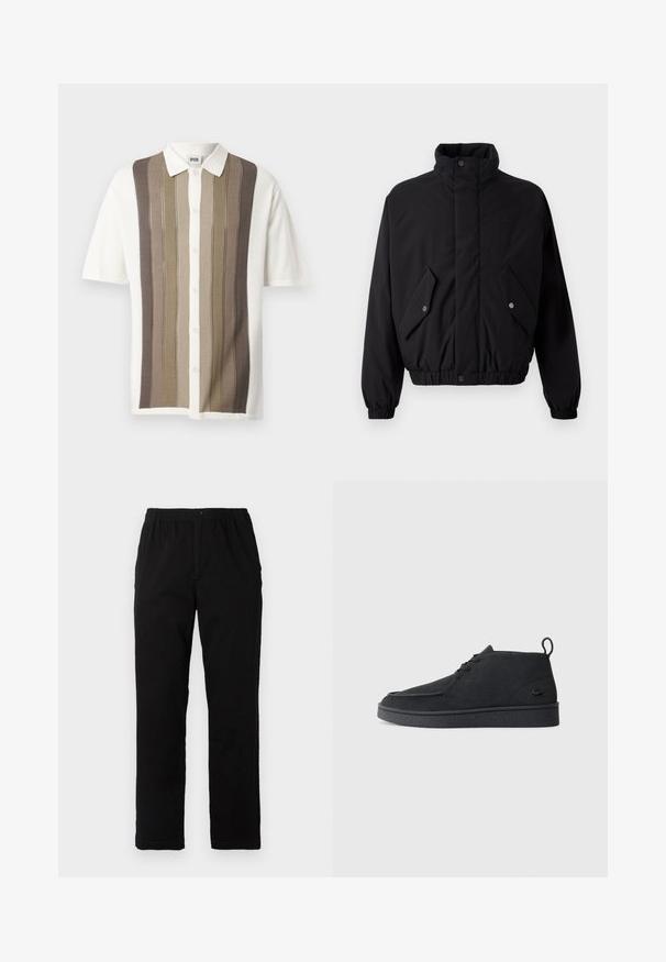 Black, padded jacket with high collar, snap buttons, elastic cuffs, and two front pockets. Features a subtle logo on the chest.; Short-sleeve collared shirt with vertical stripes in beige, brown, and cream; button closure; knit fabric with textured pattern.; Black pants made of cotton blend fabric, featuring a straight cut, elastic waistband with button, and no visible patterns or accents.; Black suede lace-up ankle boot with pull tab and textured sole, featuring small embossed crocodile logo on the side.