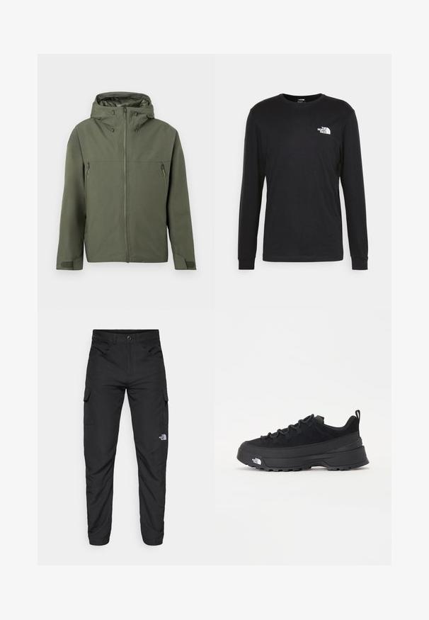 Oliivivihreä takki, jossa on vetoketjusulku, säädettävä huppu ja kaksi vetoketjullista etutaskua. Minimalistinen muotoilu teksturoituneella kankaalla.; Musta pitkähihaine t-paita, joka on valmistettu puuvillasta ja jossa on valkoinen logo vasemmassa rinnassa sekä ribbauskiristykset. Sileä rakenne ja pyöreä kaula-aukko.; The North Face HORIZON PANT - Ulkohousut - black; Mustamustad välisjalanõud suede ülemise, tekstuuriga kummist tallaga ja tugeva paelaga. Varustatud tugevdatud kanna ja brändi logoga külgedel.