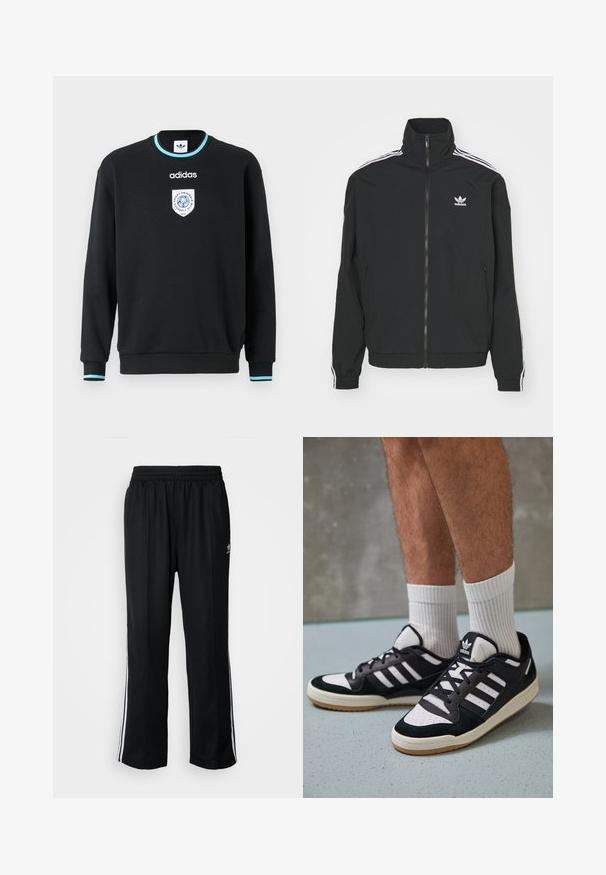Μαύρο μπουφάν με ψηλό γιακά, κλείσιμο με φερμουάρ και δύο πλαϊνές τσέπες. Λευκές λωρίδες τριών γραμμών στις μανσέτες και μικρό λογότυπο στο στήθος.; Μαύρη φούτερ μπλούζα με μακριά μανίκια, στρογγυλή λαιμόκοψη και μπλε λεπτομέρειες στους καρπούς. Διαθέτει κεντημένο λογότυπο στο στήθος. Κατασκευασμένη από μαλακό ύφασμα.; Μαύρο αθλητικό παντελόνι με ελαστική μέση, διαθέτει λευκές ρίγες στο πλάι και ένα μικρό λογότυπο. Το υλικό φαίνεται μαλακό και ελαφρύ.; Μαύρα και λευκά αθλητικά παπούτσια με άνω μέρος από σουέτ και δέρμα, featuring τρεις λευκές ρίγες, περατά δάχτυλα και σόλα από καουτσούκ τύπου γκαστ.