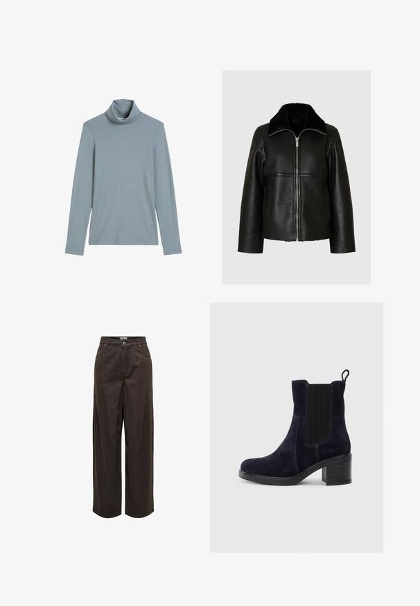 Črna usnjena jakna z zadrgo, širokim ovratnikom, dvema sprednjima žepoma in gladko teksturo. Ima kontrastno črno podlogo.; Svetlo modra dolga majica s turtleneck-om in zloženim ovratnikom ter preprosto, gladko teksturo tkanine na belem ozadju.; Široke hlače v temno rjavi barvi, izdelane iz bombaža, z klasičnim pasom, zadrgo, petimi žepi in minimalističnimi šivi.; Temno modre semiš čevlje do gleženj z elastiko na strani, okroglo konico in blokastim peto. Tekstura tkanine in gladek podplat dodajata kontrast.