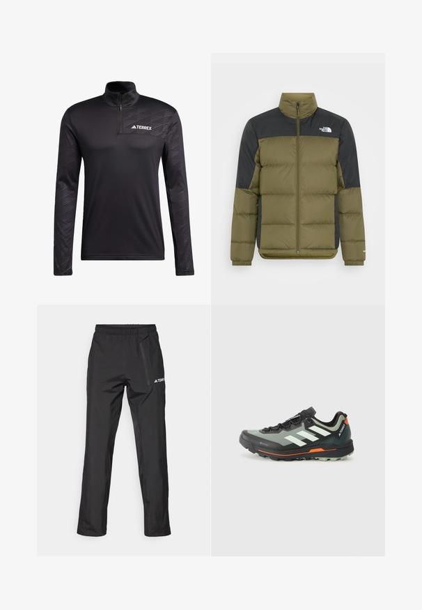 Daunenjacke mit olivgrünem Körper und schwarzem oberen Bereich, Reißverschluss, hohem Kragen und strukturiertem Muster.; Adidas Terrex TERREX MULTI HALF ZIP LONGSLEEVE TEE - Langarmshirt - black; Schwarze wasserdichte Hose aus leichtem Stoff, mit elastischem Bund und seitlicher Reißverschlusstasche. Einfaches, maßgeschneidertes Design.; Leichtgewichtiger Trailrunning-Schuh mit einem grauen und schwarzen Mesh-Obermaterial, orangefarbenen Akzenten und einer robusten Außensohle für besseren Halt. Wasserdichte Gore-Tex-Beschichtung.