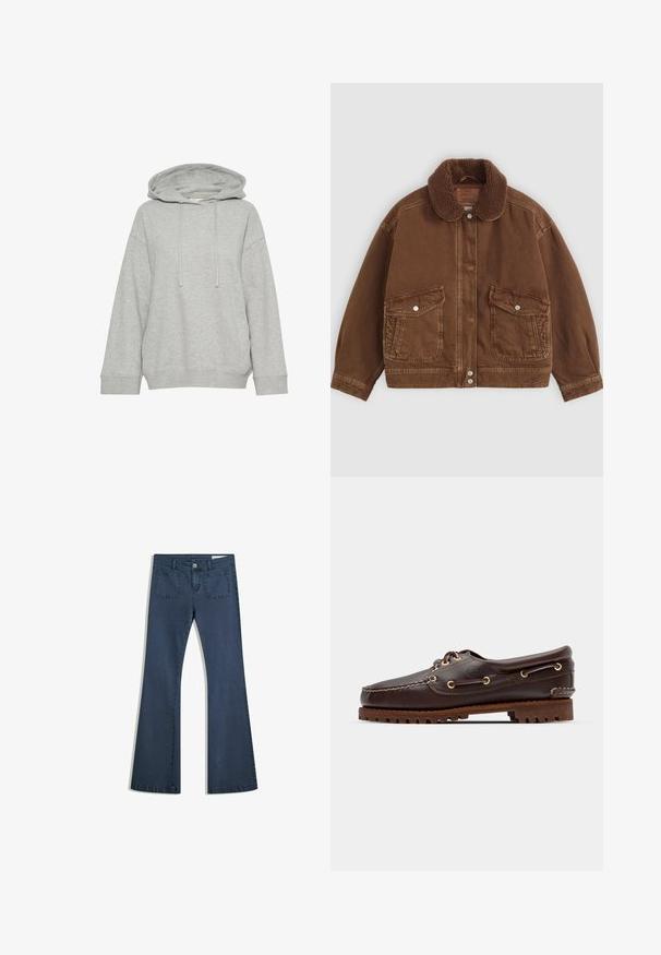 Barna farmerdzseki sherpa gallérral, gombos elülső résszel és két nagy, gombos zsebbe.; Szürke kapucnis pulóver laza szabással, hosszú ujjakkal, állítható zsinórral és bordás mandzsettákkal. Puha, textúrált anyagból készült.; Sötétkék, bőszárú farmernadrág, varrott zsebekkel, gombos záródással és sima felülettel. Klasszikus ötpocket dizájnnal rendelkezik.; Barna bőr csónakcipő arany fémlyukakkal, kerek fűzőkkel és texturált barna gumitalppal. Díszített varrásokkal és kiemelkedő logóval rendelkezik.