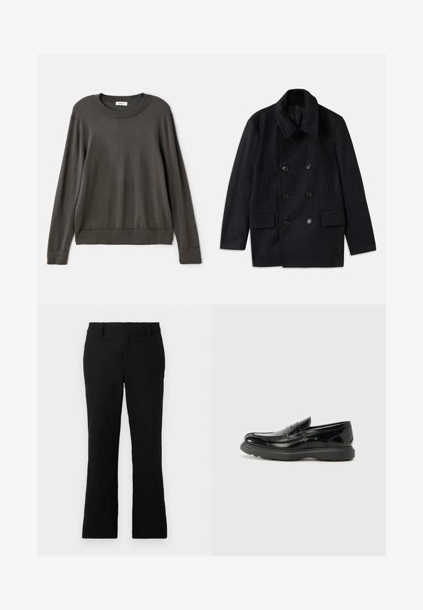 Διπλόμανικο μαύρο παλτό από μαλλί με φαρδύ γιακά, δύο μεγάλες μπροστινές τσέπες και έντονους κουμπιά. Διαθέτει υφαντές λεπτομέρειες στους ώμους.; Σκούρο γκρι μακρυμάνικος πουλόβερ, με στρογγυλή λαιμόκοψη και ribbed μανσέτες και τελείωμα, κατασκευασμένο από ένα λείο, ελαφρύ ύφασμα.; Μαύρο παντελόνι με καμπάνα φτιαγμένο από ύφασμα με μείγμα βαμβακιού, με κλείσιμο με κουμπί, θηλιές ζώνης και λεία υφή χωρίς ορατά σχέδια.; Μαύρο δερμάτινο λούστρο με γυαλιστερή φινίρισμα, στρογγυλή μύτη, διακριτικές ραφές και παχύ καουτσούκ σόλα για ανθεκτικότητα.