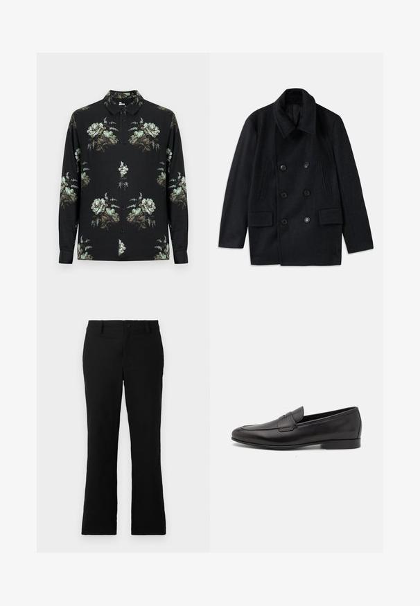 Abrigo de lana negra cruzado con un amplio cuello, dos grandes bolsillos frontales y botones prominentes. Presenta acentos texturizados en los hombros.; Camisa negra de manga larga con botones, con patrones florales verdes y beige distribuidos uniformemente en el frente, las mangas y el cuello.; Pantalones de campana negros hechos de una mezcla de algodón, con cierre de botón, trabillas para el cinturón y una textura suave sin patrones visibles.; Mocasín negro de cuero para hombres con un tacón bajo y un diseño clásico de cinta para monedas, mostrado en perfil lateral sobre un fondo blanco.