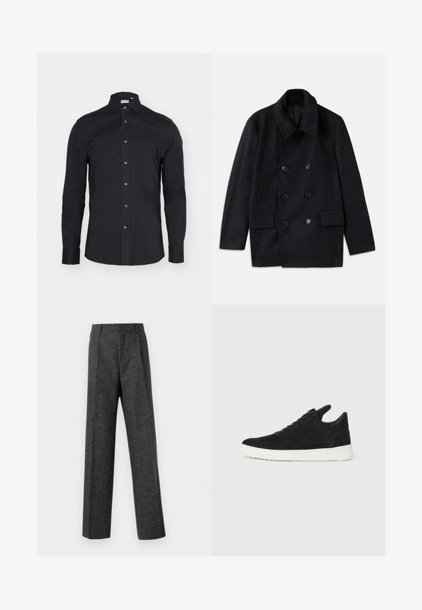 Dubbelzijdige zwarte wollen jas met een brede kraag, twee grote voorzakken en prominente knopen. Bevat getextureerde schouderaccenten.; Zwarte langemouwen knoop-shirt met een klassieke kraag. Gemaakt van gladde stof, met knopen aan de voorkant en ronde manchetten.; Grijze op maat gemaakte broek van gestructureerde stof, met twee voorplooien en een rechte pijp. Geen zichtbare zakken of versieringen.; Zwarte suède sneakers met een witte rubberen zool, voorzien van tonale stiksels en een vetersluiting. Glad oppervlak met een moderne, gestroomlijnde vorm.