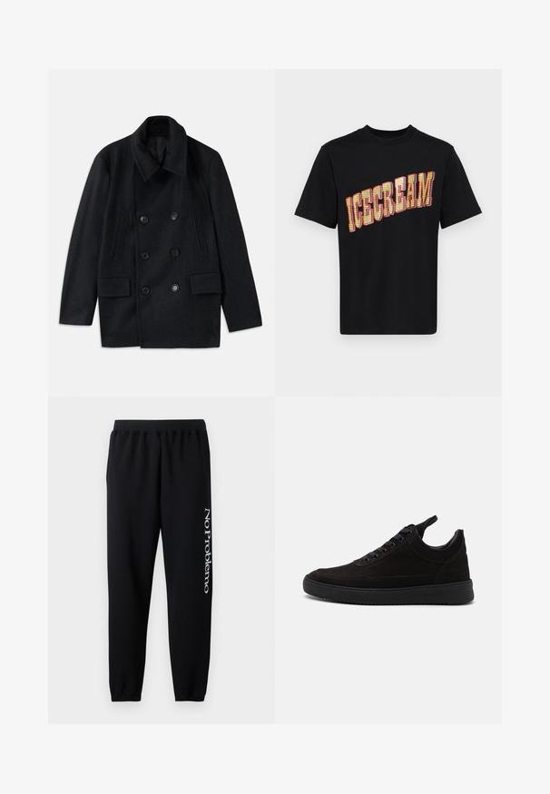 Fekete gyapjú, dupla soros kabát széles gallérral, két nagy elülső zsebbel és kiemelkedő gombokkal. Texturált vállrész díszítéssel rendelkezik.; Fekete pamut póló, nagy, feltűnő "ICECREAM" grafikával sárgában és vörösben, a betűkön textúrázott, mintás dizájnnal.; Fekete melegítőnadrág, elasztikus derékkal, szűkülő bokákkal és a bal lábszáron fehér "No Problemo" felirattal. Puha pamut anyag.; Fekete velúr sportcipő, lekerekített orral, fűzős elülettel, párnázott nyakkal és mintázott gumitalppal a tapadás érdekében. Minimalista kialakítás és sima felület.