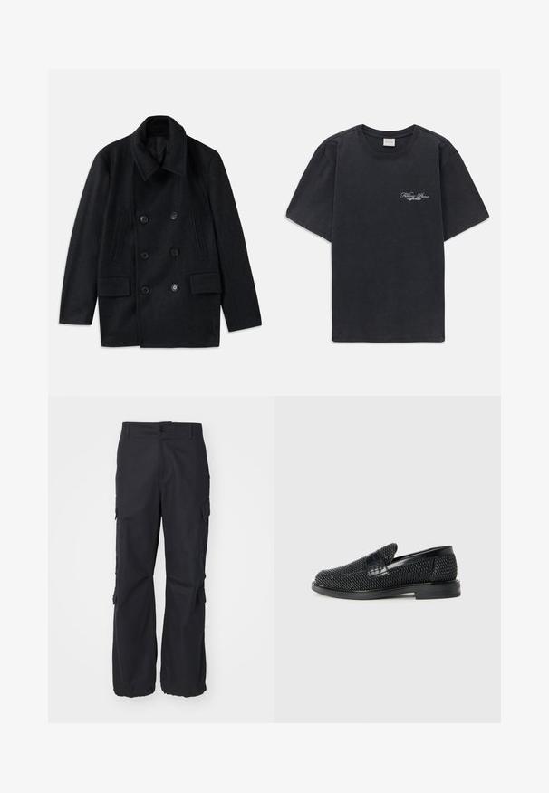 Double-breasted black wool coat with a wide collar, two large front pockets, and prominent buttons. Features textured shoulder accents.; Black short-sleeve crew neck t-shirt with small white "Filling Pieces" text logo on the left chest.; Black cargo pants made of sturdy fabric, featuring multiple side pockets, a button closure, and a relaxed fit with a straight leg design.; Black woven slip-on shoe with a smooth leather accent on the upper, a round toe design, and a low-profile rubber sole.