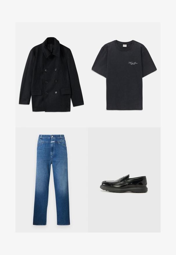 Double-breasted black wool coat with a wide collar, two large front pockets, and prominent buttons. Features textured shoulder accents.; Black short-sleeve crew neck t-shirt with small white "Filling Pieces" text logo on the left chest.; Blue denim jeans with a straight-leg cut, featuring a button closure, belt loops, and subtle fading on the thighs.; Black leather loafer with a glossy finish, rounded toe, subtle stitching details, and a thick rubber sole for durability.