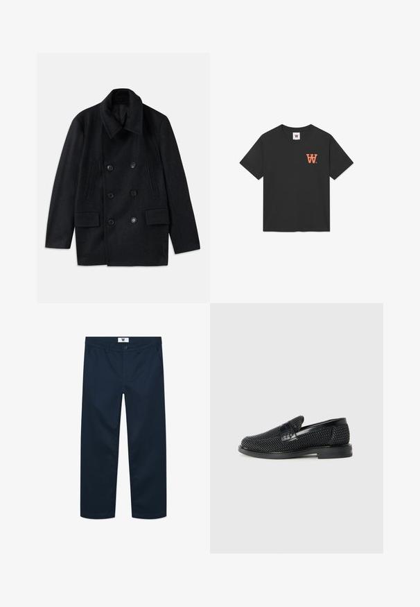 Abrigo de lana negra cruzado con un amplio cuello, dos grandes bolsillos frontales y botones prominentes. Presenta acentos texturizados en los hombros.; Camiseta de algodón negra con mangas cortas, cuello redondo y un logo naranja de "W" en el lado izquierdo del pecho. Textura suave y lisa.; Chinos de algodón azul marino con corte recto, que cuentan con un cierre frontal con botón, dos bolsillos laterales y un diseño minimalista.; Zapato negro de tejido con un acento de cuero suave en la parte superior, diseño de punta redonda y suela de goma de perfil bajo.