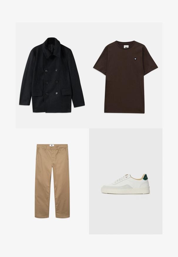 Dvojradový čierny vlnený kabát so širokým golierom, dvoma veľkými prednými vreckami a výraznými gombíkmi. Obsahuje textúrované ramenné akcenty.; Tmavohnedé tričko s krátkym rukávom, okrúhlym výstrihom a malou čierno-bielou nášivkou na hornej ľavej časti hrudníka.; Khaki bavlnené nohavice so strižením rovného strihu, vybavené jednoradovým zapínaním na gombík, pútkami na opasok a dvoma bočnými vreckami. Hladká textúra.; Biele tenisky s semišovými akcentmi, zaoblenou špičkou, plochými šnúrkami a krémovou gumovou podrážkou. Na päte sú zelené značky.