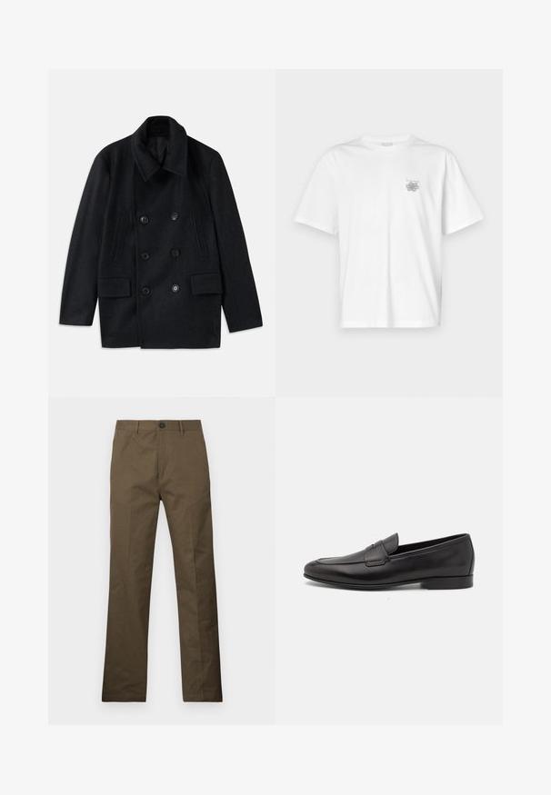 Kaksirivinen musta villakangastakki, jossa on leveä kaulus, kaksi suurta etutaskua ja näyttävät napit. Sisältää teksturoidut olkapäät.; Valkoinen puuvillapaita, jossa on lyhyet hihat, pyöreä kaula-aukko ja pieni harmaa logo vasemmassa rintataskussa. Täydellinen sileä rakenne.; Ruske puuvillabukse straighcut lõikega, nupuga kinnitamine ja küljetaskud, esitatud valge tausta ees.; Musta nahkainen miesten loaferi, jossa on matala korko ja klassinen penny-nauha, esitelty sivuprofiilissa valkoista taustaa vasten.