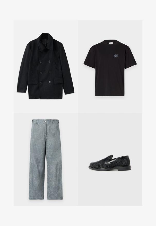 Fekete gyapjú, dupla soros kabát széles gallérral, két nagy elülső zsebbel és kiemelkedő gombokkal. Texturált vállrész díszítéssel rendelkezik.; Fekete pamut póló kerek nyakkal és rövid ujjakkal. Bal mellen egy kis kék logó található. Egyszerű, egyenes szabású dizájn.; Világosszürke farmerbőrnadrág, széles lábakkal, texturált felülettel, gombzárral, övhurkokkal, és enyhén fakó megjelenéssel.; Fekete szőtt slip-on cipő sima bőr díszítéssel a felsőrészen, kerek orral és alacsony profilos gumitalppal.