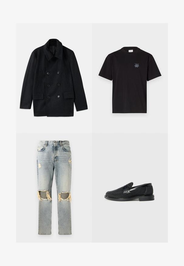 Double-breasted black wool coat with a wide collar, two large front pockets, and prominent buttons. Features textured shoulder accents.; Black cotton t-shirt with a crew neck and short sleeves. Features a small blue logo on the left chest. Simple, straight-cut design.; Light blue denim jeans with a relaxed fit, featuring distressed areas and frayed cut-outs at the knees. Classic five-pocket design.; Black woven slip-on shoe with a smooth leather accent on the upper, a round toe design, and a low-profile rubber sole.