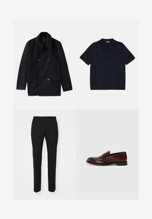 Dwurzędowy czarny płaszcz wełniany z szerokim kołnierzem, dwoma dużymi przednimi kieszeniami i wyraźnymi guzikami. Posiada teksturowane akcenty na ramionach.; Czarna koszulka polo z krótkim rękawem, wykonana z miękkiego, lekkiego materiału. Posiada klasyczny kołnierzyk oraz zapięcie na guziki z przodu.; Czarne spodnie o prostym kroju, wykonane z gładkiego materiału. Posiadają zaszewki z przodu, kieszenie wsuwane oraz płaski pas.; Brązowe skórzane mokasyny z zaokrąglonym noskiem, detalem z przodu oraz niskim, warstwowym obcasem. Gładka faktura z minimalnymi akcentami dekoracyjnymi.