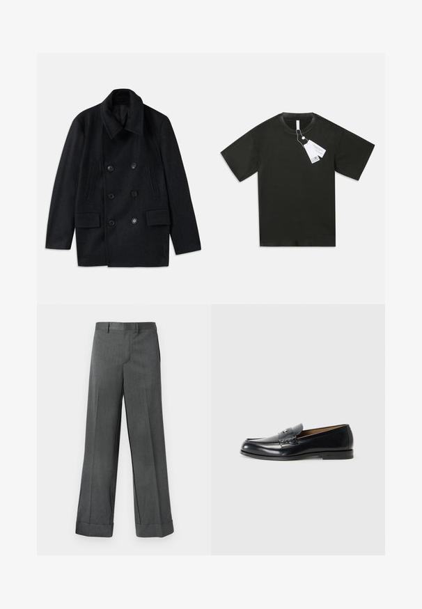 Double-breasted black wool coat with a wide collar, two large front pockets, and prominent buttons. Features textured shoulder accents.; Black short-sleeve cotton T-shirt with round neck and attached white product tags hanging from the collar on a plain white background.; Gray, wide-leg trousers with a textured fabric, featuring a flat front, belt loops, and cuffed hems. Tailored design without any visible pockets.; Leather loafers in black with a smooth finish, rounded toe, decorative stitching, and a small metal accent on the front.