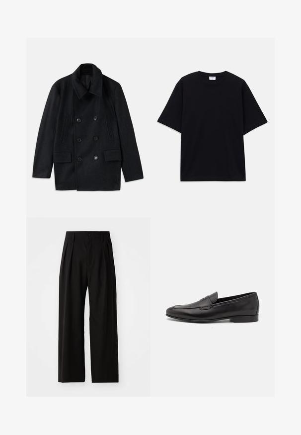 Dobbeltbrystet sort uldfrakke med bred krave, to store forlommer og fremtrædende knapper. Har teksturerede skulderindlæg.; Sort oversized T-shirt med korte ærmer og rund halsudskæring, med synlig Filippa K mærke indeni kraven.; Sorte bukser med vid ben, der har en glat overflade, to frontplisseringer, knaplukning og sidelommer. Holdbart stof.; Sort læder herre loafers med lav hæl og et klassisk penny strap design, vist i sideprofil på en hvid baggrund.