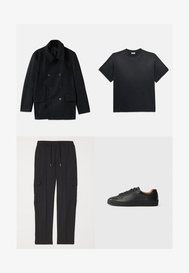 Dvouřadový černý vlněný kabát s širokým límcem, dvěma velkými předními kapsami a výraznými knoflíky. Obsahuje texturované ramenní akcenty.; Černé bavlněné tričko s kulatým výstřihem a krátkým rukávem. Má uvolněný střih, hladkou strukturu a minimalistický design.; Černé cargo kalhoty vyrobené z měkké tkaniny, s elastickým pasem na stažení, dvěma postranními kapsami a dvěma bočními cargo kapsami.; Černé nízké kožené tenisky s texturovaným povrchem, černými tkaničkami a silnou gumovou podrážkou, zobrazené z boku na světlém pozadí.