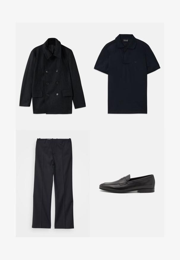 Double-breasted black wool coat with a wide collar, two large front pockets, and prominent buttons. Features textured shoulder accents.; Navy blue short-sleeve polo shirt with collar and subtle logo on the left chest, flat-lay on white background.; Filippa K BOOTCUT TROUSERS - Trousers - black; Black leather men's loafer with a low heel and a classic penny strap design, shown in side profile on a white background.