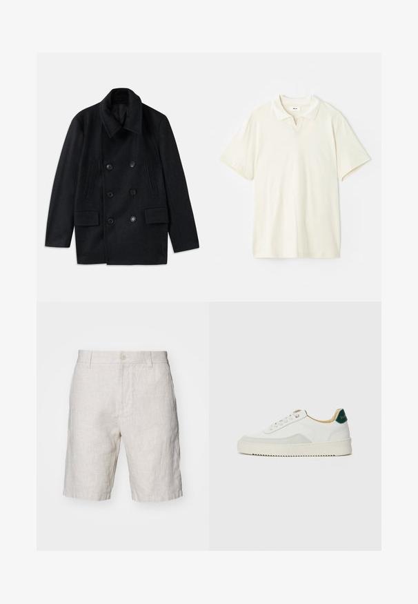 Divkāršu melna vilnas mēteles ar plašu apkakli, divām lielām priekšējām kabatām un izteiktiem pogām. Iezīmēts ar strukturāliem plecu akcentiem.; Kremkrāsas polo krekls ar klasisku apkakli, īsām piedurknēm un nelielu V formas izgriezumu apkaklē. Gluda tekstūra un minimāls dizains.; Gai bēškrāsas lina šorti ar dabiski tekstūru, ar priekšējo pogu aizdari un sānu kabatām. Taisna kāju dizains.; Baltas sneakers ar zamša akcentiem, noapaļota purngala, plakaniem auklām un krēmkrāsas gumijas zoli. Ar zaļu zīmolu uz papēža.