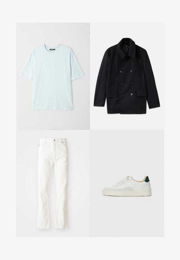 Divkāršu melna vilnas mēteles ar plašu apkakli, divām lielām priekšējām kabatām un izteiktiem pogām. Iezīmēts ar strukturāliem plecu akcentiem.; Gaiši zilas īsām piedurknēm T-krekls ar apļa kakla izgriezumu, izgatavots no mīksta auduma. Īpaši raksturo relaksēta piegriezuma un gluda tekstūra bez rakstiem vai akcentiem.; Balti denim flared džinsi ar augstu vidukli, priekšējiem kabatām un sudraba aksesuāriem. Audums ir gluds ar smalkiem šuvju elementiem.; Baltas sneakers ar zamša akcentiem, noapaļota purngala, plakaniem auklām un krēmkrāsas gumijas zoli. Ar zaļu zīmolu uz papēža.