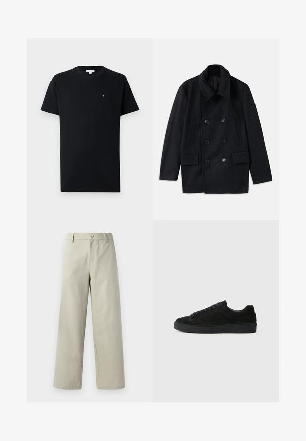 Fekete gyapjú, dupla soros kabát széles gallérral, két nagy elülső zsebbel és kiemelkedő gombokkal. Texturált vállrész díszítéssel rendelkezik.; Fekete, rövid ujjú pamut póló, kerek nyakkivágással és egy kis kör alakú logóval a mellkasán. Sima textúra.; Han Kjøbenhavn WIDE LEG - Nadrágok - light grey; Fekete velúr sneaker lapos, texturált talppal, kerek orral, hat fűzőlyukkal és minimalista dizájnnal.
