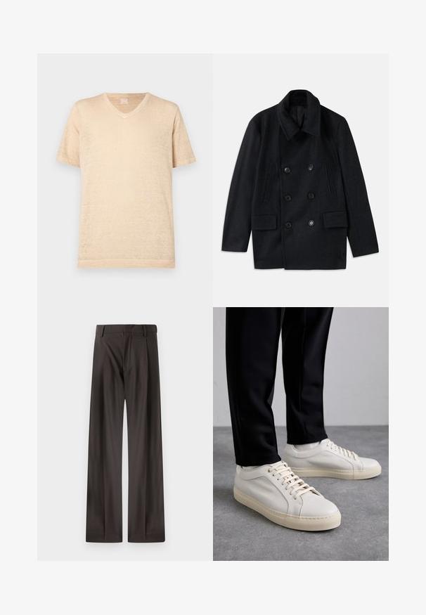 Abrigo de lana negra cruzado con un amplio cuello, dos grandes bolsillos frontales y botones prominentes. Presenta acentos texturizados en los hombros.; Camiseta de manga corta en color beige con cuello en V, fabricada en un tejido ligero y texturizado; presenta un corte relajado y detalles de costura mínimos.; Pantalones de pierna ancha en tejido marrón oscuro. Presentan una textura suave, una cinturilla estructurada y pliegues frontales sutiles.; Zapatillas de cuero color beige claro con cordones planos, una superficie texturizada y una suela de goma color crema en contraste, combinadas con pantalones negros ajustados.