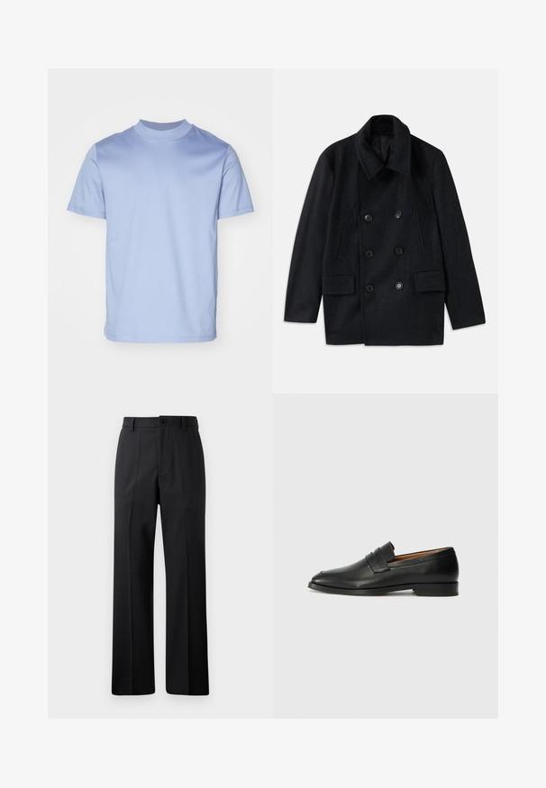 Dwurzędowy czarny płaszcz wełniany z szerokim kołnierzem, dwoma dużymi przednimi kieszeniami i wyraźnymi guzikami. Posiada teksturowane akcenty na ramionach.; Jasnoniebieska koszulka z krótkim rękawem o wysokim okrągłym dekolcie, wykonana z miękkiej bawełny. Posiada czysty, prosty fason bez widocznych logo.; Czarne spodnie proste z paskiem, z guzikiem z przodu i zapięciem na zamek, wyeksponowane na jednolitym białym tle.; Czarne skórzane mokasyny z zaokrąglonym noskiem, subtelnymi przeszyciami i niskim obcasem, charakteryzujące się gładką teksturą i minimalistycznym designem.