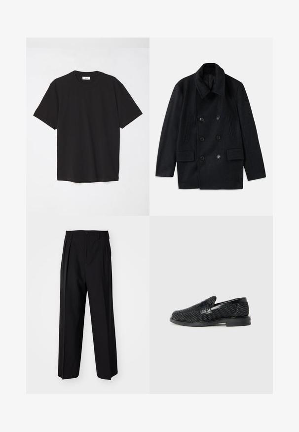 Dubbelknäppt svart ullkappa med bred krage, två stora framfickor och framträdande knappar. Har texturerade axelaccenter.; Svart bomulls t-shirt med rund hals, korta ärmar och avslappnad passform. Enkelt mönster, jämn textur och inga synliga mönster eller logotyper.; Svarta plisserade byxor med en rak, bred bendesign. Tillverkade av ett slätt tyg, med knäppning fram och bälteshällor.; Svart vävd slip-on sko med en slät läderdetalj på ovansidan, med rund tådesign och en låg gummisula.