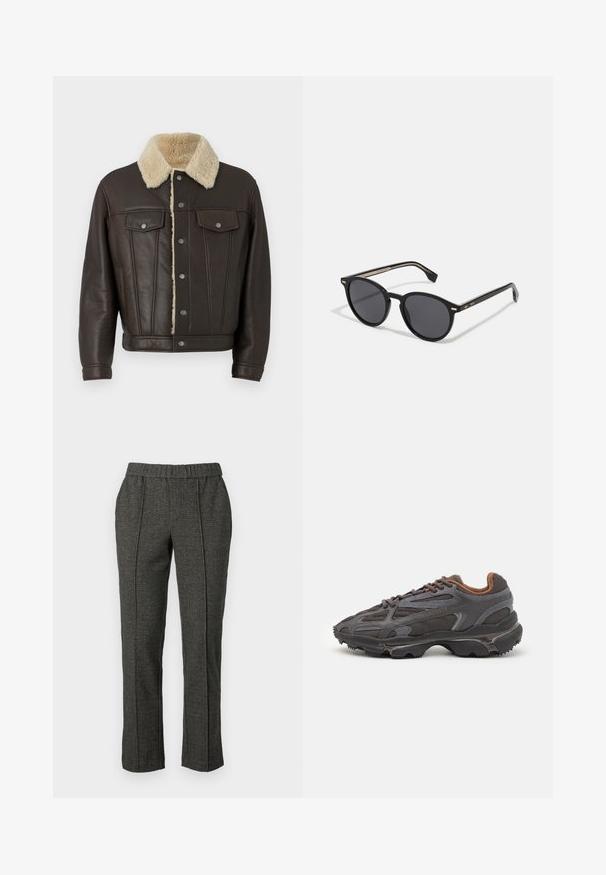 Giacca di pelle marrone con colletto in morbido shearling sintetico, due tasche sul petto con pattina, bottoni a pressione argentati e dettagli con cuciture verticali.; Maglione leggero nero con collo a mezza zip, polsini e orlo a coste, caratterizzato da un piccolo logo verde sul petto.; Pantaloni grigi su misura con un tessuto testurizzato, dotati di una vita elastica, gambe dritte e dettagli con piega frontale.; Sneaker Lacoste grigie scure in materiale mesh e sintetico, con suola testurizzata e dettagli marroni sul colletto e sul branding.; BOSS Occhiali da sole - black