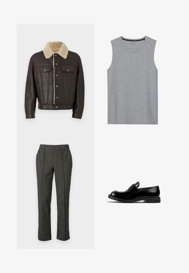 Braune Lederjacke mit einem Kunstfellkragen, zwei Brusttaschen mit Klappen, silbernen Druckknöpfen und vertikalen Nähten.; Graues ärmelloses Shirt aus weichem Stoff, mit rundem Halsausschnitt und minimalistischem Design, das auf den Schultern mit Nähten versehen ist.; Graue maßgeschneiderte Hose aus strukturiertem Stoff, mit elastischem Bund, geraden Beinen und Falten in der Vorderseite.; Schwarze Lederlofer mit runder Zehenform, flacher Gummisohle und einem auffälligen Riemendetail über dem Vorderblatt. Glatte Textur, minimalistisches Design.
