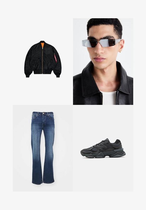 Črna bomberska jakna s gladko površino, oranžno podlogo, zadrgo, rebrastimi manšetami in zunanjim žepom z zadrgo ter rdečim potegom.; Črna kapuca z kengurujskim žepom, kapuco s vrvico in kratkimi rokavi z podaljšanimi oblikovalskimi elementi. Narejena iz mehke, strukturirane tkanine.; Temno modri flare kavbojki z petimi žepi, sprednjim gumbom in subtilnim zbledelostjo od kolena do roba. Imajo klasičen kroj in detajle prišitja.; Črne tekaške superge, ki združujejo mrežaste in sintetične materiale, imajo debel podplat, ukrivljen oblikovni slog ter izrazito blagovno znamko na strani.; Angularne sončne očala s sivim tonom in srebrnim okovjem, postavljena na svetli podlagi. Leče imajo edinstveno geometrijsko obliko.