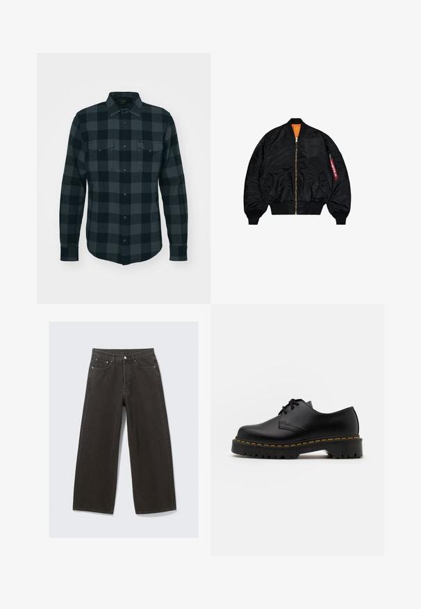 Svart bomberjakke med glatt overflate, oransje fòring, glidelås, ribbestrikkede mansjetter og en ekstern glidelåslomme med en rød hengeløft.; Svart hettegenser laget av myk stoff, med en frontlomme, ribbede mansjetter og en avslappet passform.; Svart og grå rutete flannel skjorte med knapping foran, to brystlommer, og avrundet kant; myk tekstur og lange ermer.; Bredde ben svart denim jeans har høy midje, fem lommer og knappestolpe. Stoffet har en myk, strukturert overflate.; Svart lær snøresko med rund tå, teksturert gummisåle og gul søm rundt bunnen. Flat design og glatt overflate.