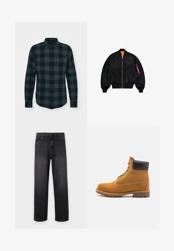 Čierna bomber jacket s hladkým povrchom, oranžovým podšitím, zipsovým zapínaním, rebrovanými manžetami a vonkajšou zipsovou vreckom s červeným ťaháčikom.; Čierna mikina s kapucňou vyrobená z mäkkého materiálu, so prednou kapsou, rebrovanými manžetami a uvoľneným strihom.; Čierno-sivá kockovaná flanelová košeľa s gombíkmi, dvoma náprsníkmi a zaobleným lemom; mäkká textúra a dlhé rukávy.; Tmavošedé džíny s rovnými nohavicami, so zapínaním na zips, piatimi vreckami a jemnými odfarbeniami na látke.; Tyrkysové semišové členkové topánky s čiernym polstrovaným golierom, zlatými kovovými očkami, bielym prešívaním a robustnou gumovou podrážkou s výraznými drážkami.