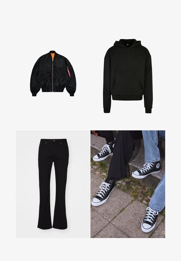 Chaqueta bomber negra con un acabado suave, forro naranja, cierre de cremallera, puños de canalé y un bolsillo exterior con cremallera y tirador rojo.; Sudadera con capucha negra hecha de una tela suave, con un bolsillo frontal, puños acanalados y un diseño de corte relajado.; Jeans de campana de tiro alto negros con botón frontal y diseño de cinco bolsillos, mostrados sobre un fondo blanco.; Zapatillas de lona negras de caña alta con suelas y cordones de goma blanca, con un logo circular en el lado, combinadas con unos pantalones de mezclilla y negros.