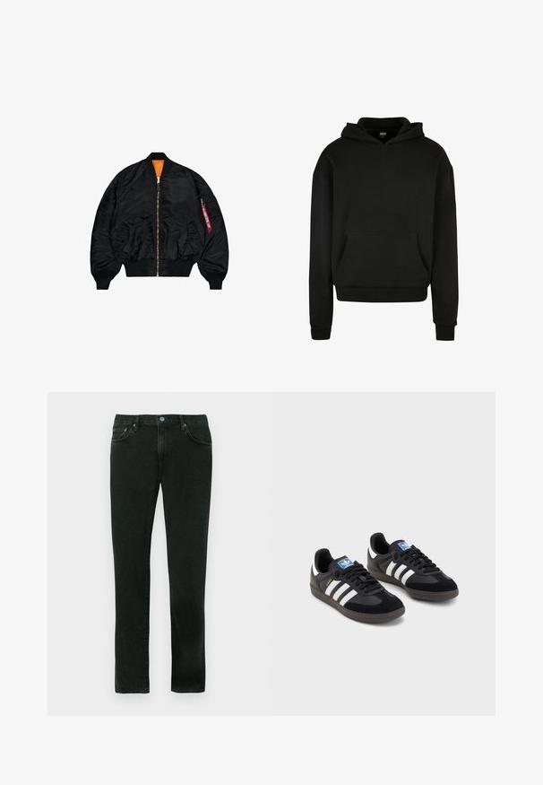 Black bomber jacket with a smooth finish, orange lining, zip closure, ribbed cuffs, and an external zip pocket with a red pull tab.; Black hooded sweatshirt made from soft fabric, featuring a front pocket, ribbed cuffs, and a relaxed fit design.; Black denim jeans with a straight-leg design, featuring a classic five-pocket style and blue metal hardware accents.; Black sneakers with a suede and synthetic upper, featuring three white stripes, textured rubber sole, and blue logo tag on the tongue.