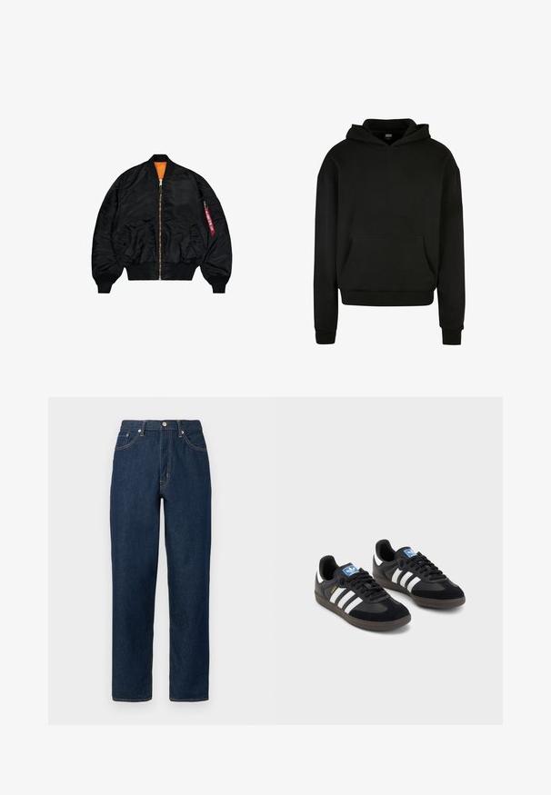 Fekete bombázó dzseki sima felülettel, narancssárga béléssel, cipzáras záródással, bordázott mandzsettákkal és egy külső cipzáras zsebbel, piros húzózsinórral.; Fekete kapucnis pulóver puha anyagból, elöl zsebbel, bordázott mandzsettákkal és laza fit kialakítással.; Sötétkék farmernadrág egyenes szárú kialakítással, gombos rögzítéssel, öt zsebbel és kontrasztos varrással.; Fekete sportcipők, velúrból és szintetikus anyagból készült felsőrésszel, három fehér csíkkal, textúrázott gumitalppal és kék logó címkével a nyelvén.