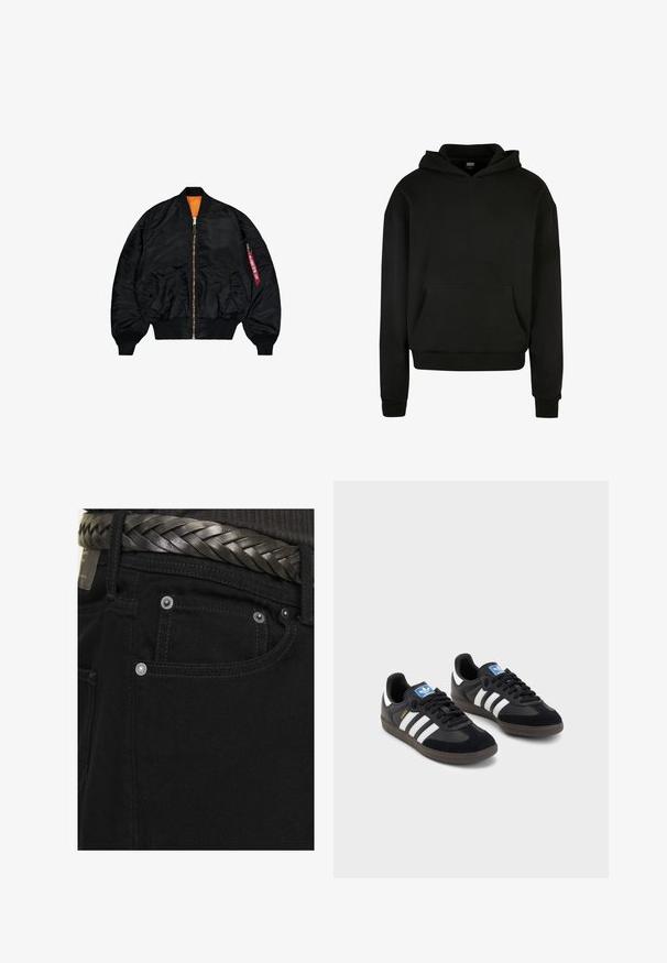 Veste bomber noire avec une finition lisse, doublure orange, fermeture éclair, poignets côtelés et une poche zippée externe avec un tirette rouge.; Sweatshirt à capuche noir fabriqué en tissu doux, avec une poche avant, des poignets côtelés et une coupe décontractée.; Jack & Jones JJIALEX JJORIGINAL - Jean baggy - black; Des baskets noires avec une tige en suède et en matériaux synthétiques, dotées de trois rayures blanches, d'une semelle en caoutchouc texturé et d'une étiquette de logo bleue sur la languette.