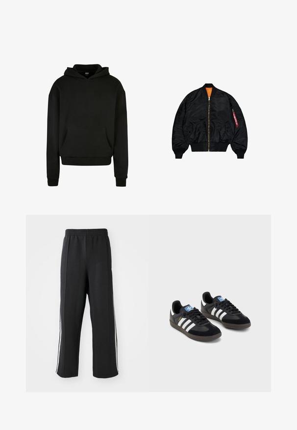 Giubbotto bomber nero con finitura liscia, foderato in arancione, chiusura con zip, polsini a coste e una tasca esterna con zip e un tirazip rosso.; Felpa nera con cappuccio realizzata in tessuto morbido, caratterizzata da una tasca frontale, polsini a coste e un design dal taglio rilassato.; Pantaloni da jogging neri con elastico in vita, dotati di strisce bianche sui lati e vestibilità comoda. Realizzati in tessuto morbido e elastico.; Sneakers neri con tomaia in suede e materiale sintetico, caratterizzati da tre strisce bianche, suola in gomma testurizzata e etichetta blu sul linguetta.