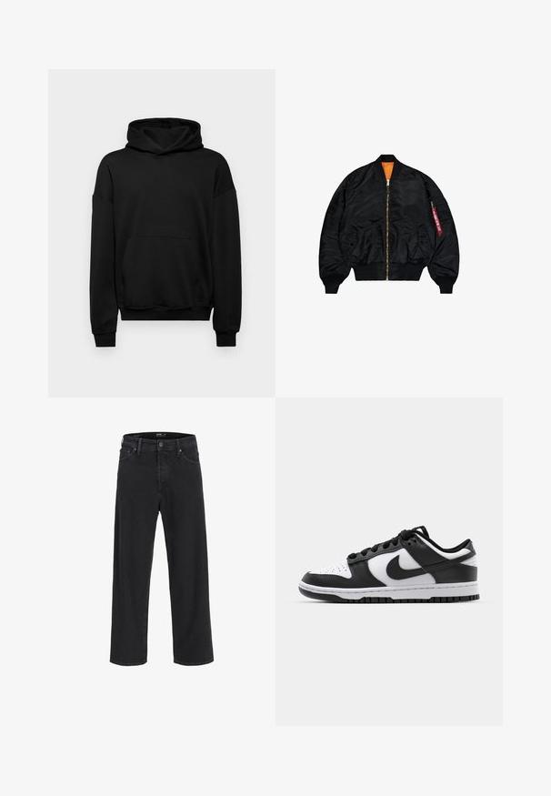 Svart bomberjacka med en slät yta, orange foder, dragkedjestängning, ribbade ärmslut och en utvändig dragkedjficka med en röd dragflik.; Svart hoodie gjord av bomullsblandning, med en stor framtill ficka, ribbade ärmslut och en huva med dragsko. Enkel, odekorerad design.; Svarta raka denimjeans med knäppning och dragkedja, bältesöglor samt fram- och bakfickor.; Svarta och vita Nike Dunk sneakers med läderöverdel, perforerad tå, svarta snören och en svart gummisula med mönster.