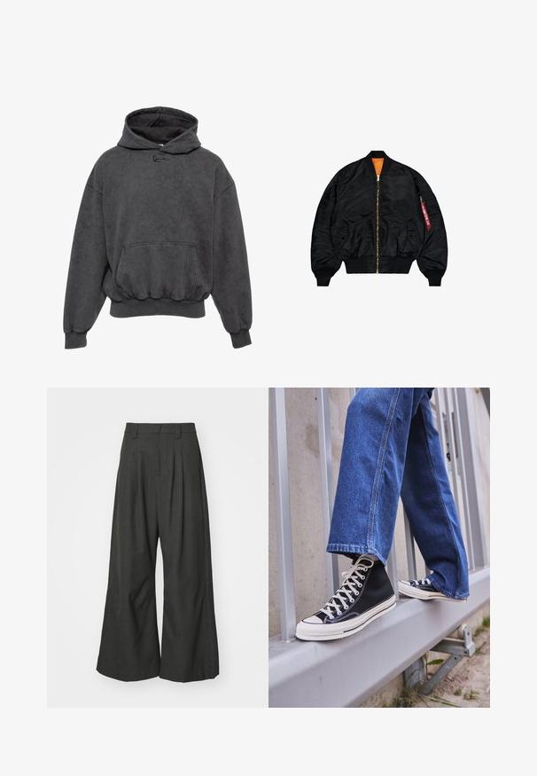 Černá bomber bunda s hladkým povrchem, oranžovým podšívem, zipovým zapínáním, žebrovanými manžetami a vnější kapsou na zip s červeným táhlem.; Šedá mikina s kapucí, s klokanní kapsou, žebrovanými manžetami a lemem, a měkkou texturou. Na přední straně se nachází malá vyšitá značka.; Jaded London GOLIATH TROUSER UNISEX - Kalhoty - grey; Černé vysoké tenisky s bílou podrážkou a tkaničkami, v kombinaci s volnými modrými džíny, odpočívající na šedém zábradlí.