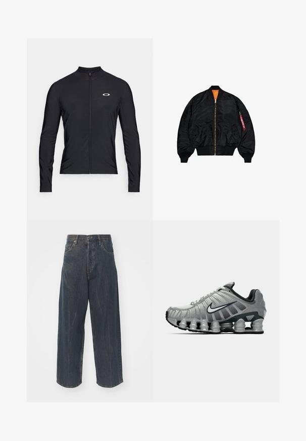 Casaco bomber preto com um acabamento suave, forro laranja, fecho de zip, punhos canelados e um bolso externo com fecho de zip e um puxador vermelho.; Camisa preta de manga longa com fecho éclair, feita de tecido leve; apresenta um colarinho redondo e um pequeno logotipo impresso no lado superior esquerdo.; Calças de ganga largas de cor azul escuro com uma textura de desgaste subtil, cinco bolsos e um fecho clássico de botão e zíper na cintura.; Sapatilha de corrida Nike cinza e preta com um sistema de amortecimento semelhante a molas visível sob a sola e um logo swoosh branco na lateral.