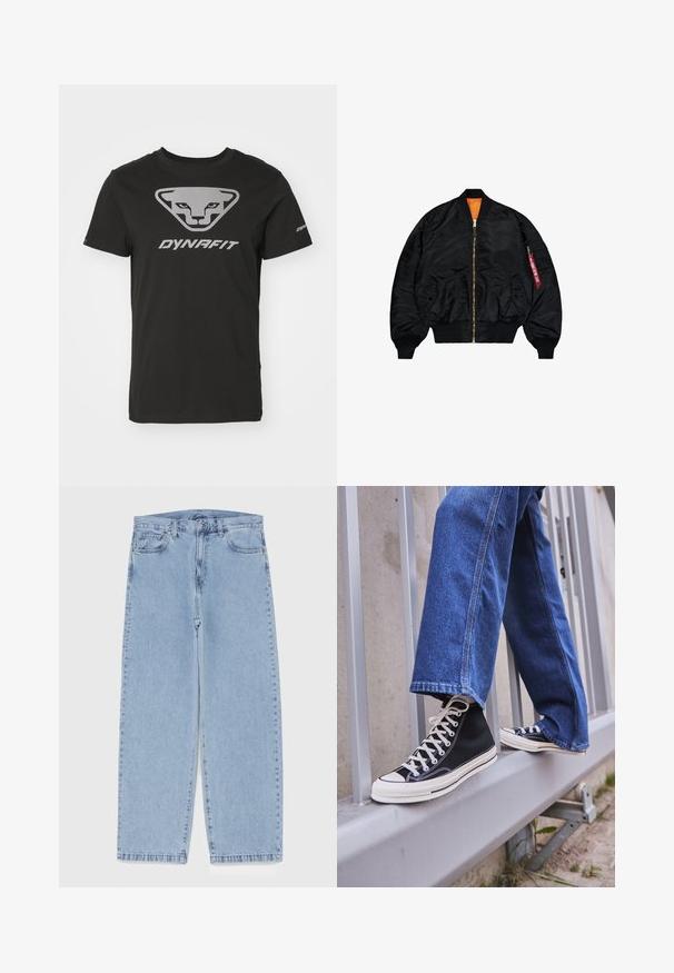 Chaqueta bomber negra con un acabado suave, forro naranja, cierre de cremallera, puños de canalé y un bolsillo exterior con cremallera y tirador rojo.; Camiseta de algodón negra con un logo triangular que presenta una cara de animal estilizada y el texto "DYNAFIT" en plateado. Diseño de manga corta y cuello redondo.; Jean de mezclilla azul claro con diseño de pierna recta, con una cintura de altura media, cinco bolsillos y un cierre de botón y cremallera.; Zapatillas de deporte negras de caña alta con suela y cordones blancos, combinadas con unos vaqueros de denim azul holgados, apoyadas en una barandilla gris.