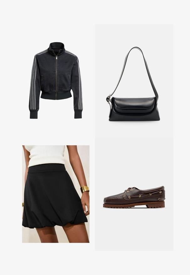 Zwarte denimjack met een ritssluiting aan de voorkant, hoge kraag en grijze drie-strepenaccenten op de mouwen. Heeft ribbels aan de manchetten en onderkant.; Effen witte T-shirt met korte mouwen en een ronde hals, met een slim fit, vlak weergegeven tegen een witte achtergrond.; Zwarte a-lijn rok met een geplooide onderrand, gemaakt van een gladde stof. Draagt een crèmekleurig topje en een gouden armband om de pols.; Bruine leren bootsschoen met gouden oogjes, ronde veters en een gestructureerde bruine rubberen zool. Kenmerkt zich door gestikte details en een verhoogd logo.; Zwarte leren handtas met een gestructureerde vorm, een gladde textuur en een enkele schouderband. Heeft een subtiele, afgeronde klepontwerp.