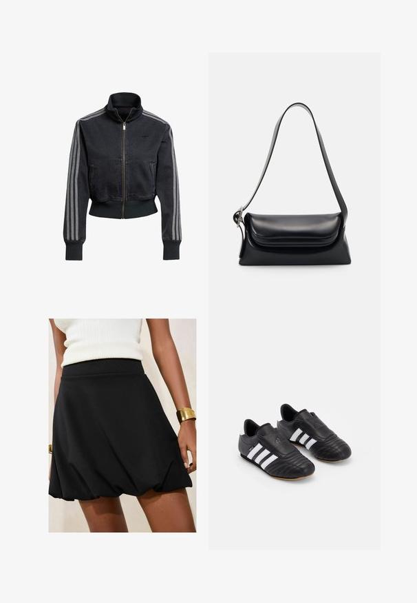 Svart denimjacka med dragkedja fram, hög krage och grå tre-stripes detaljer på ärmarna. Har ribbade mudd och nederkant.; Rak vit kortärmad t-shirt med rund halsringning och slim fit, lagd platt mot en vit bakgrund.; Svart A-linjeformad kjol med en samlad fåll, tillverkad av ett mjukt tyg. Bärs med en gräddfärgad topp och ett guldarmband på handleden.; Svarta fotbollsskor med en texturerad läderöverdela, som har en vadderad framdel, tre vita ränder på sidorna och en yttermaterial av gummirubber.; Svart läderhandväska med en strukturerad form, en slät yta och ett enda axelband. Har en subtil, rundad klaffdesign.