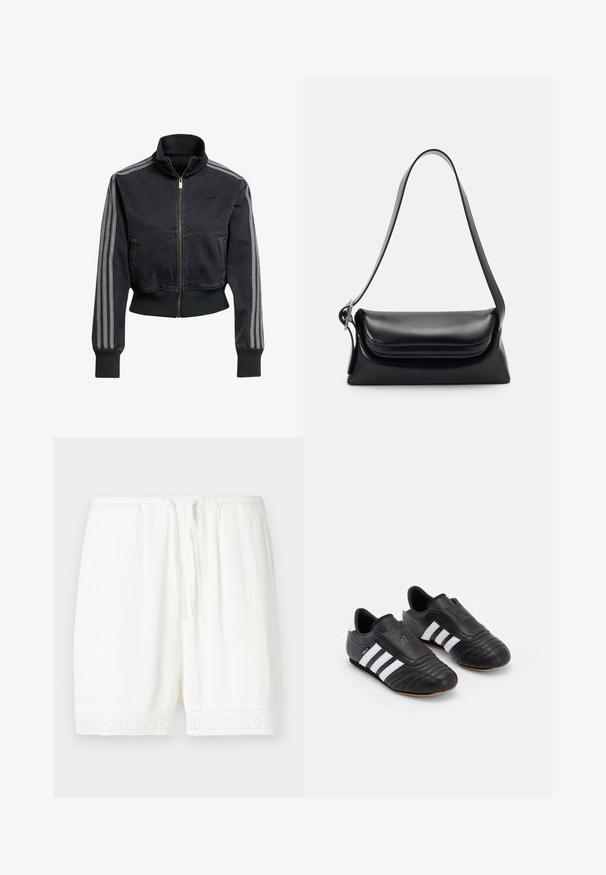 Schwarze Jeansjacke mit einem Reißverschluss vorne, hohem Kragen und grauen drei Streifen-Akzenten an den Ärmeln. Mit gerippten Bündchen und Saum.; Schlichtes weißes T-Shirt mit kurzen Ärmeln und Rundhalsausschnitt in schlanker Passform, flach vor einem weißen Hintergrund präsentiert.; Weiße Shorts aus leichtem Stoff mit strukturierter Oberfläche und Spitzenbesatz am Saum. Elastischer Bund mit verstellbarem Kordelzug.; Schwarze Fußballschuhe mit einem strukturierten Lederoberteil, ausgestattet mit einer gepolsterten Vorderseite, drei weißen Streifen an den Seiten und einer Gummisohle.; Schwarze Lederhandtasche mit strukturiertem Design, glatter Textur und einem einzelnen Schulterriemen. Verfügt über ein dezentes, abgerundetes Klappendesign.