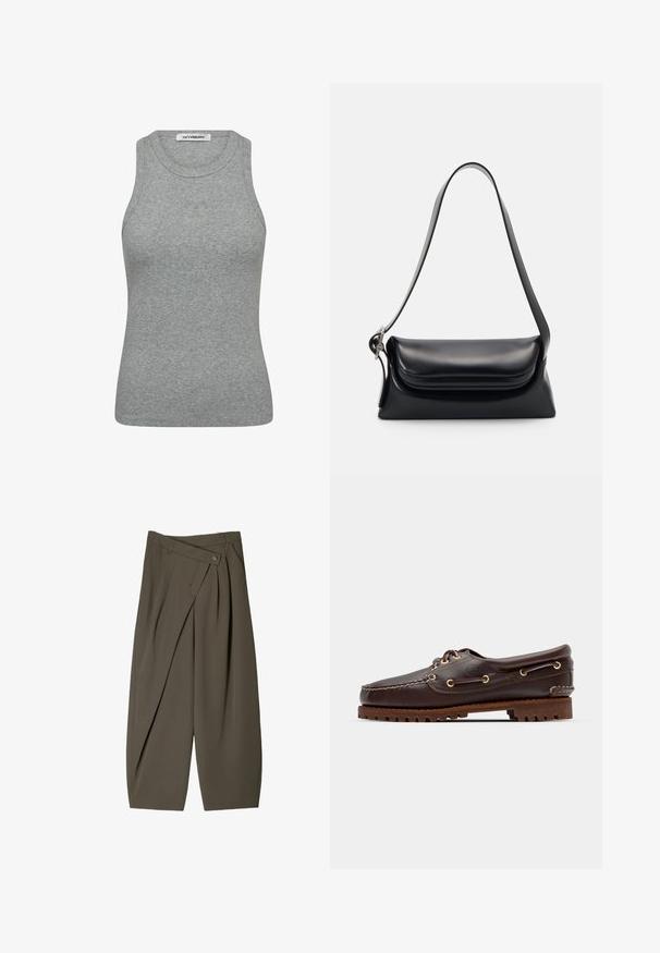 Svart denimjacka med dragkedja fram, hög krage och grå tre-stripes detaljer på ärmarna. Har ribbade mudd och nederkant.; Grå randig linne med rund halsringning och ärmlös design. Har en diskret logotyp i mitten fram. Mjuk textur.; Breda byxor i mörk olivgrönt tyg, med en veckad frontdesign, knappstängning och en polerad, texturerad yta.; Bruna lädersko med båtstil, guldögon, runda skosnören och en texturerad brun gummisula. Har sydda detaljer och en upphöjd logotyp.; Svart läderhandväska med en strukturerad form, en slät yta och ett enda axelband. Har en subtil, rundad klaffdesign.