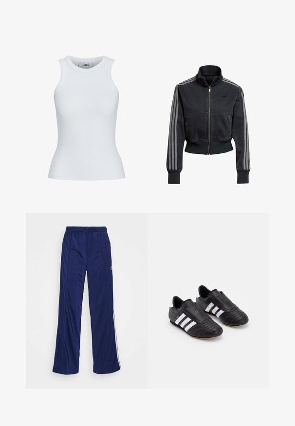 Black denim jacket with a zip front, high collar, and grey three-stripe accents on sleeves. Features ribbed cuffs and hem.; White ribbed tank top with a rounded neckline and sleeveless design. Features a slim fit and soft texture, suitable for layering.; Navy athletic pants with an elastic waistband, straight legs, and side zippers. Features white piping along the sides. Smooth fabric texture.; Black soccer shoes with a textured leather upper, featuring a padded front, three white stripes on the sides, and a gum rubber outsole.